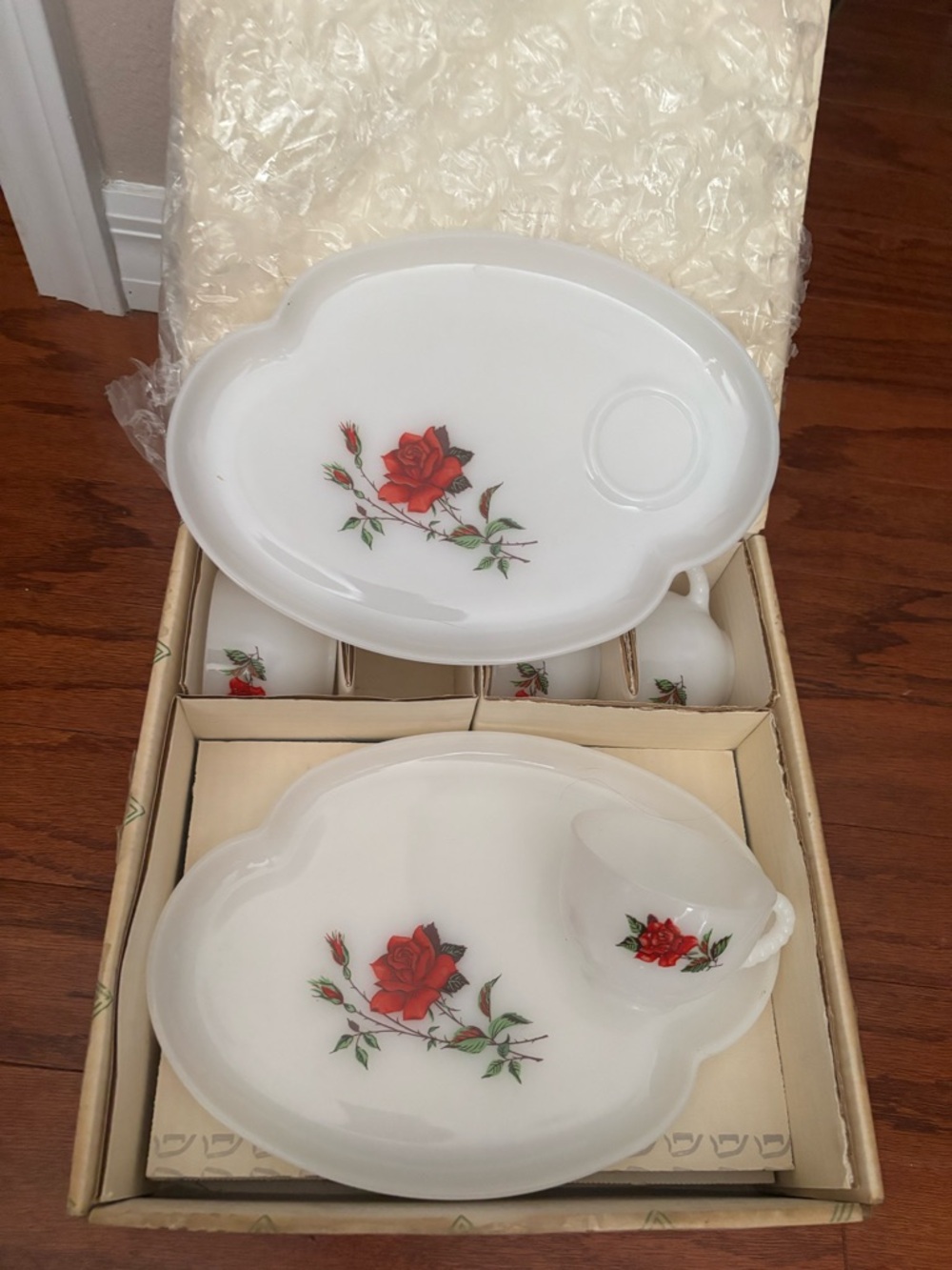 8 piece vintage Federal Glass "Rosecrest" Milk Glass Snack Set from the 1950s